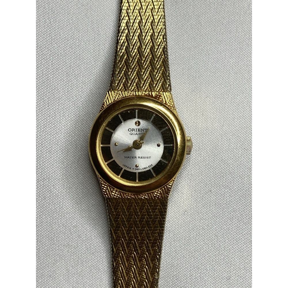 Vintage Orient Quartz Watch Women Gold Mesh Bracelet D85JD8-00 Japan Movt Retro